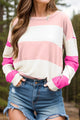 Contrast Color Block Round Neck Long Sleeve Top Blush Pink
