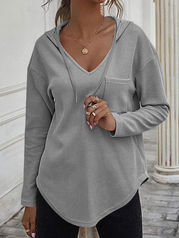 Drawstring Waffle Knit Long Sleeve Hooded Top Gray