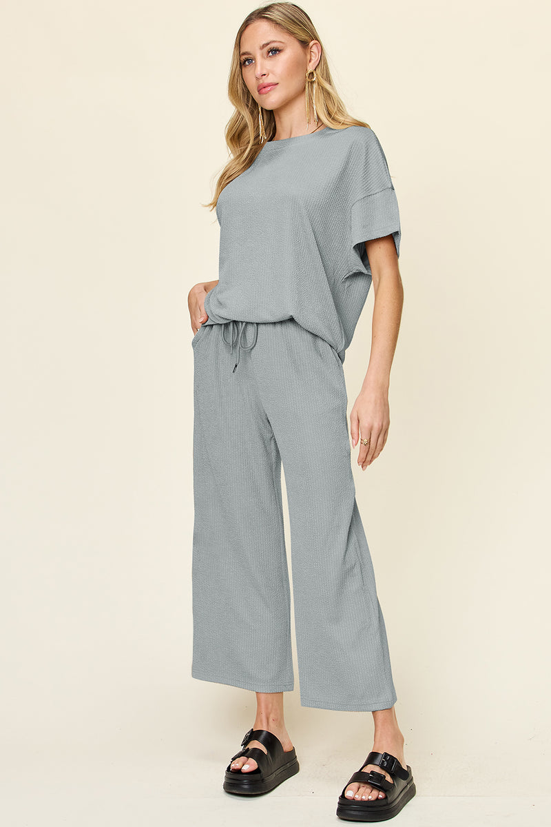 Double Take Full Size Texture Round Neck Short Sleeve T-Shirt and Wide Leg Pants Cloudy Blue