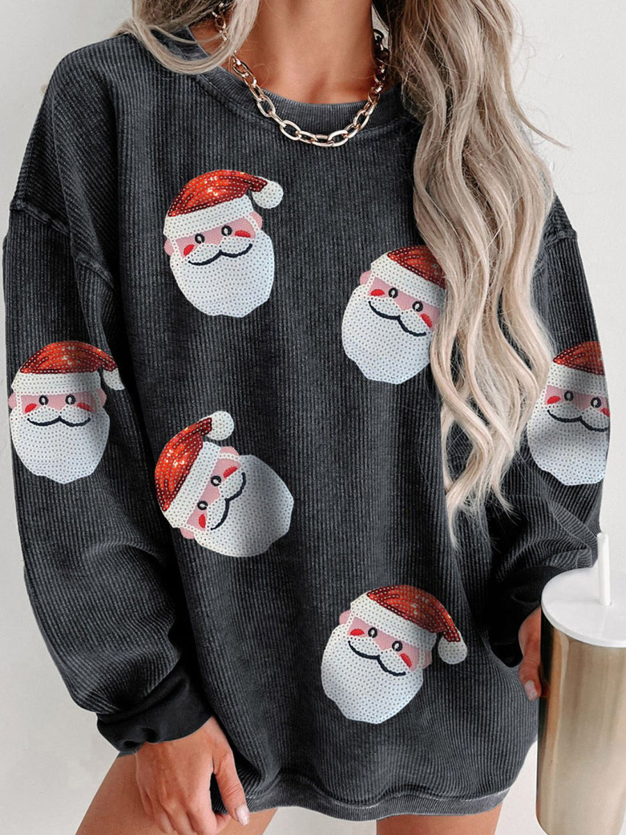 Sequin Santa Patch Ribbed Sweatshirt Black