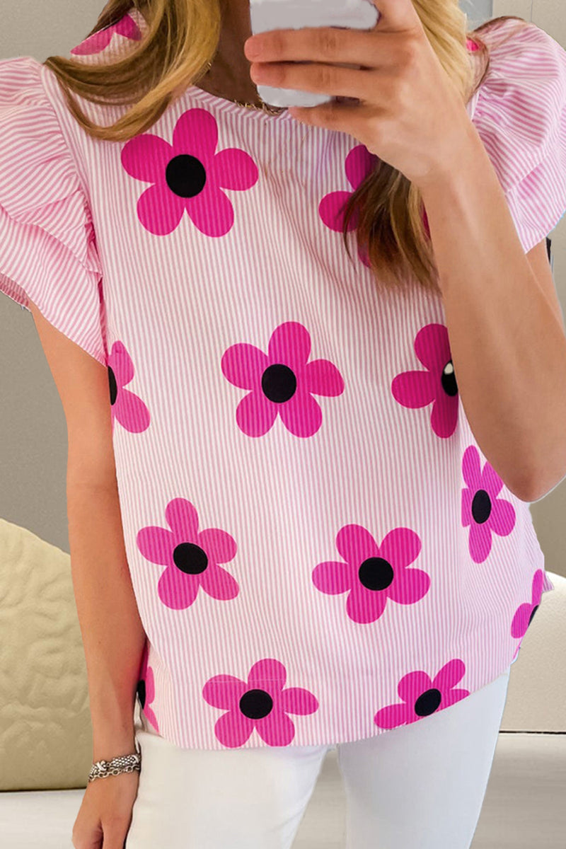 Ruffled Flower Printed Round Neck Cap Sleeve Blouse