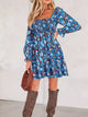Smocked Bodice High Waist Ruffled Sleeve Floral Dress Dusty Blue