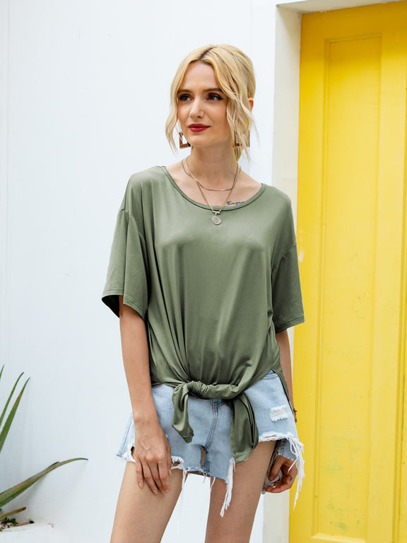 Ivy Lane Slit Boat Neck Half Sleeve T-Shirt Army Green