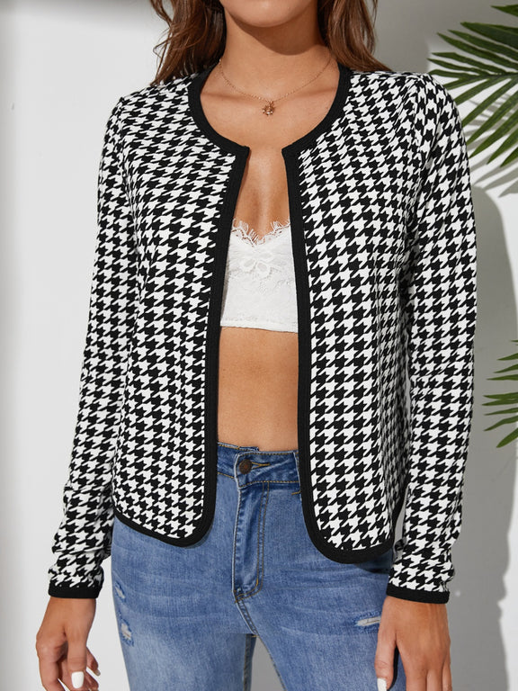 Houndstooth Open Front Long Sleeve Jacket Black