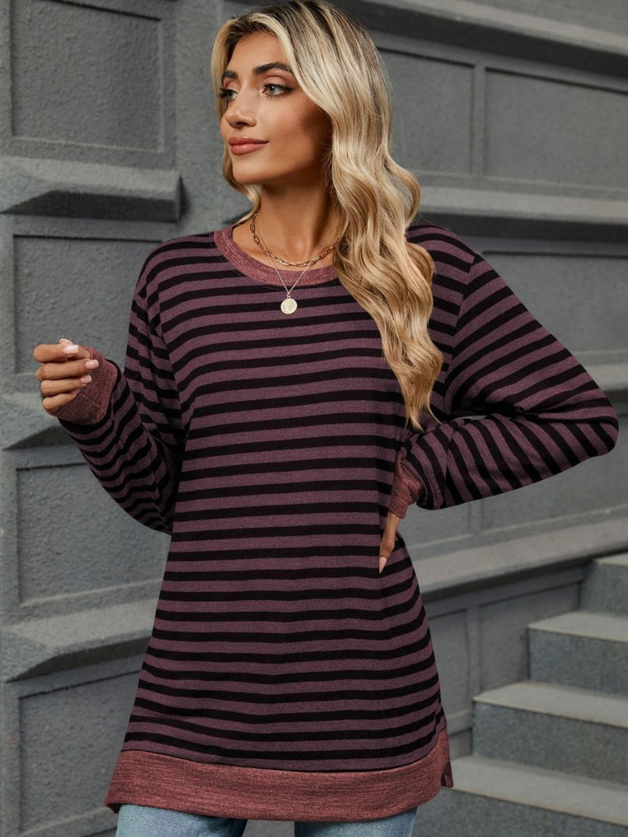 Striped Round Neck Long Sleeve T-Shirt Plum