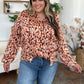 Double Take Full Size Printed Ruffle Trim Balloon Sleeve Shirt