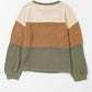 Waffle-Knit Color Block Round Neck Long Sleeve Blouse