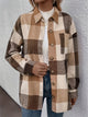 Curved Hem Plaid Collared Neck Shacket Camel