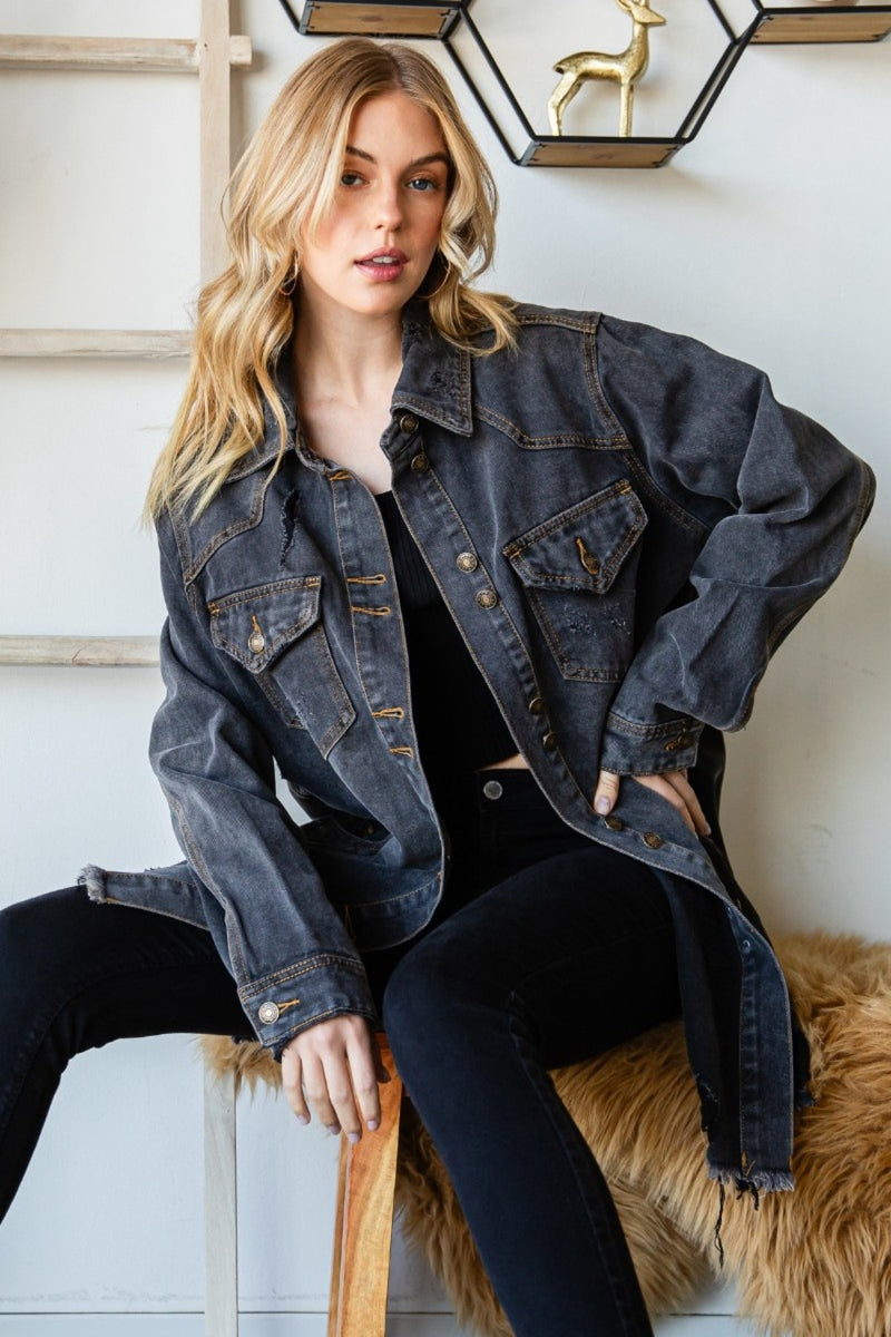 Veveret Button Up Distressed Frayed Hem Denim Jacket