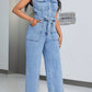 Tied Half Button Denim Jumpsuit with Pockets