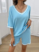 Contrast Trim V-Neck Top and Shorts Set Pastel Blue