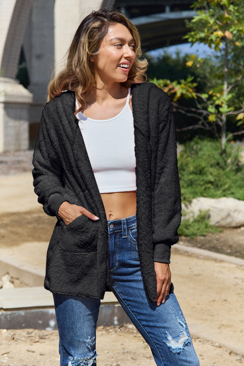 Full Size Teddy Hooded Jacket with Pockets Dark Gray