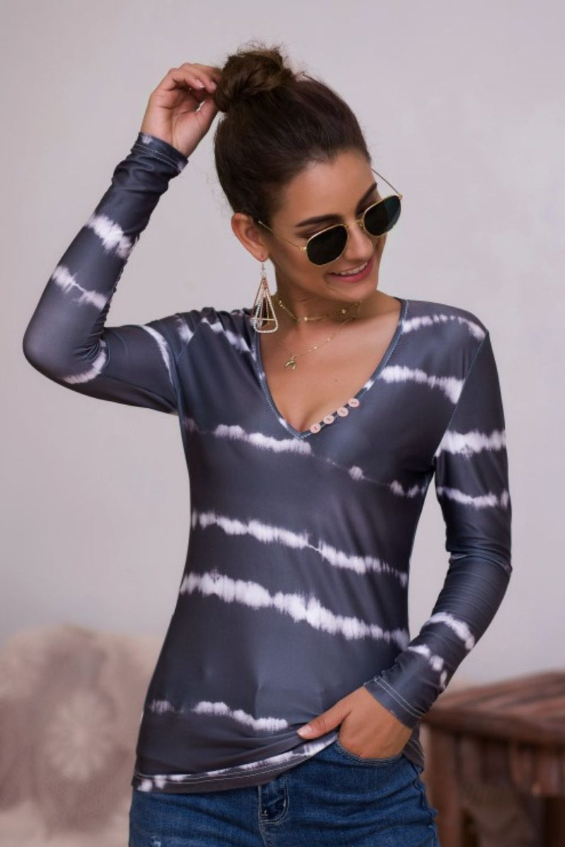 Tie-Dye Plunge Long Sleeve Top Mauve