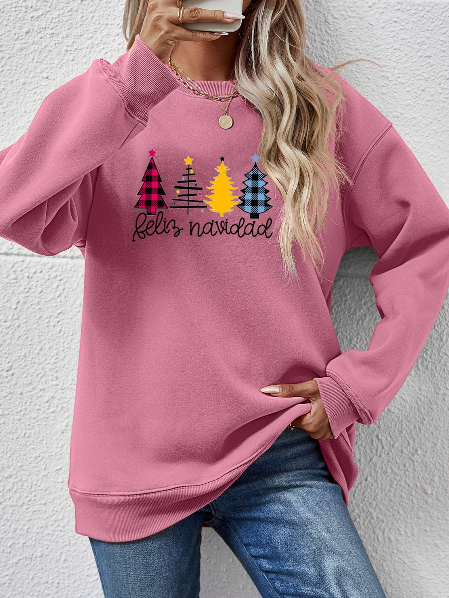 Round Neck Graphic Long Sleeve Sweatshirt Moonlit Mauve