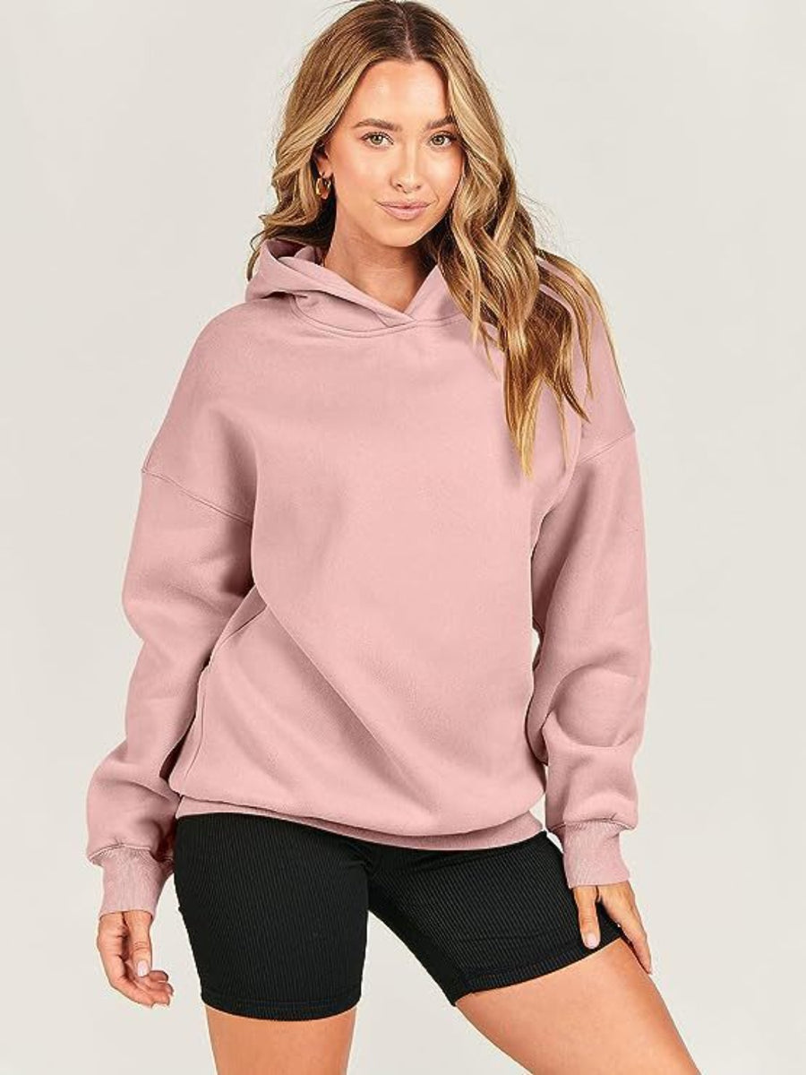 Dropped Shoulder Long Sleeve Hoodie Dusty Pink
