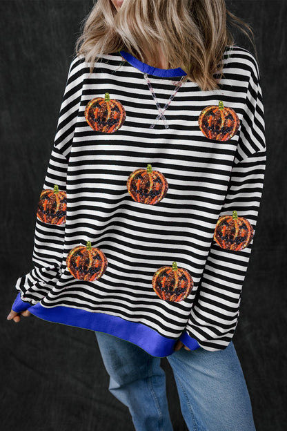 Pumpkin Striped Round Neck Long Sleeve Sweatshirt Black