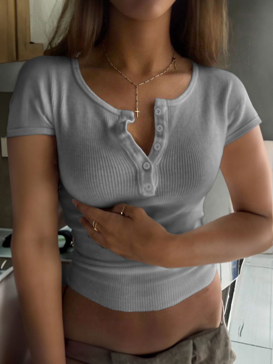 Devine Button Detail Round Neck Short Sleeve T-Shirt Gray