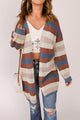 Full Size Striped Long Sleeve Openwork Cardigan Peacock Blue