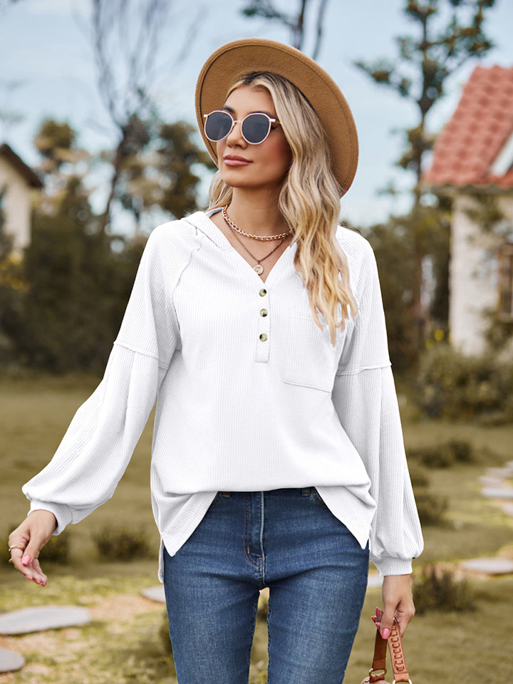 Dropped Shoulder Button-Down Hoodie White