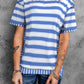 Full Size Contrast Stitching Striped Round Neck T-Shirt