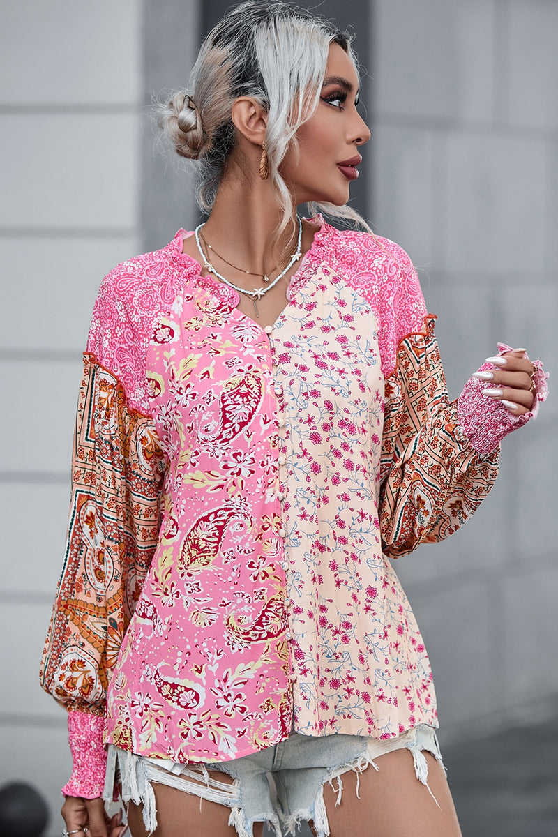 Floral Printed Puff Sleeve V-Neck Shirt Carnation Pink