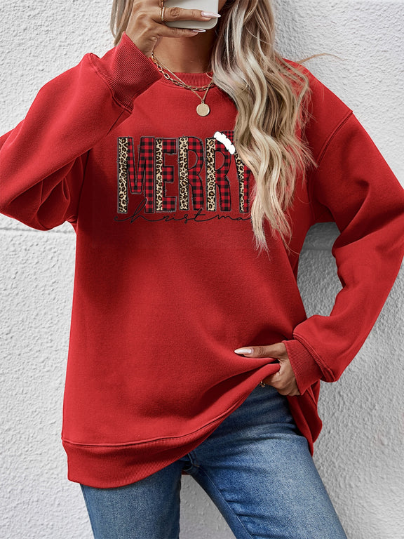 MERRY CHRISTMAS Round Neck Long Sleeve Sweatshirt Deep Red