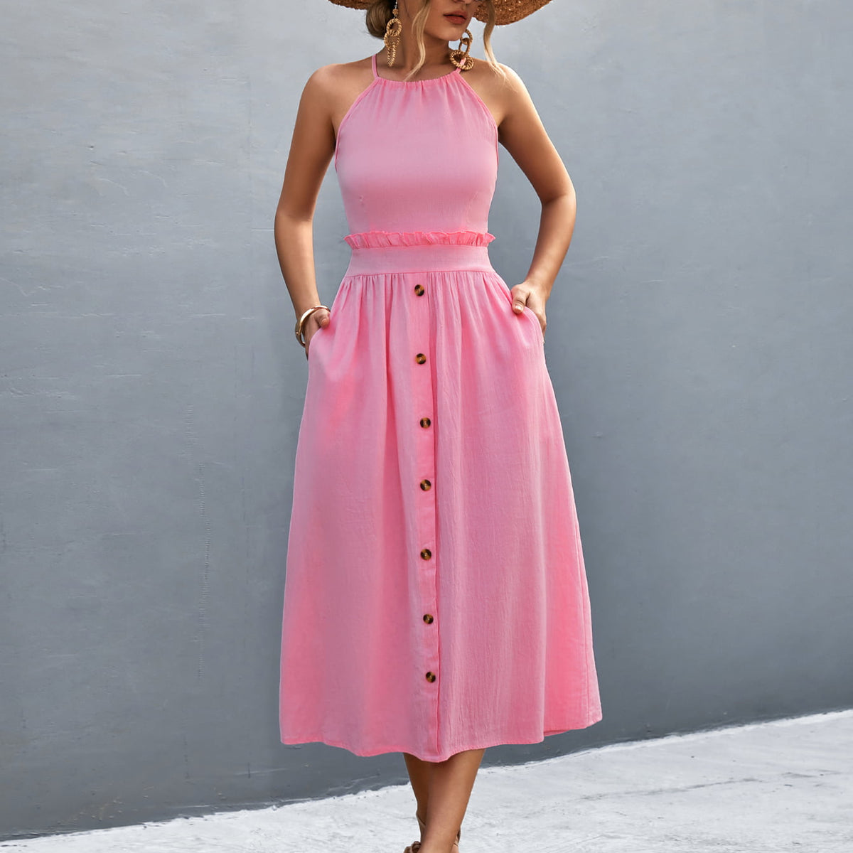 Buttoned Halter Neck Frill Trim Midi Dress