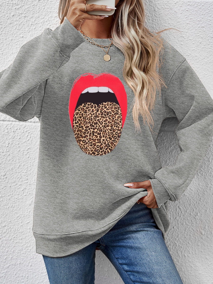 Leopard Lip Graphic Round Neck Sweatshirt Dark Gray