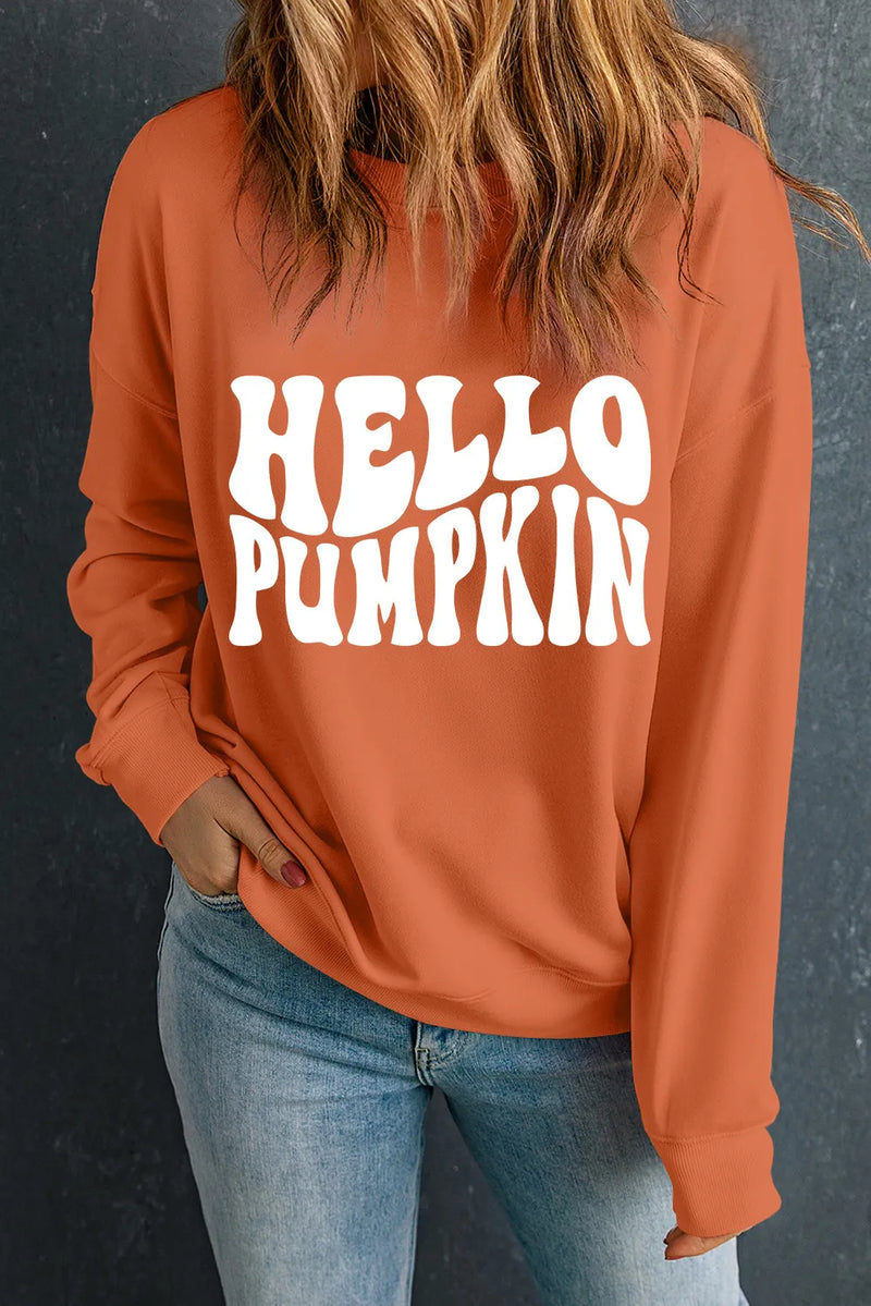 Letter Graphic Round Neck Long Sleeve Sweatshirt Orange