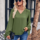 V-Neck Tie Cuff Puff Sleeve Blouse