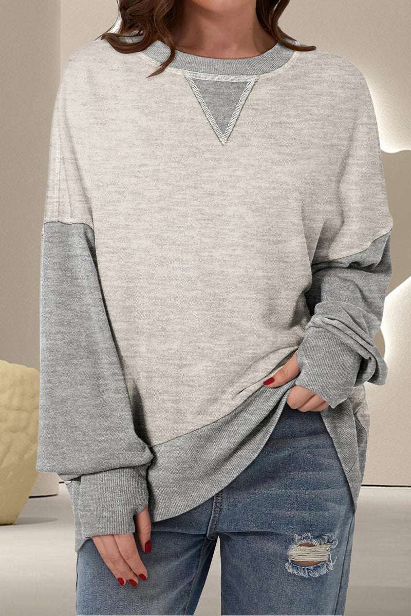 Contrast Round Neck Long Sleeve Sweatshirt Light Gray