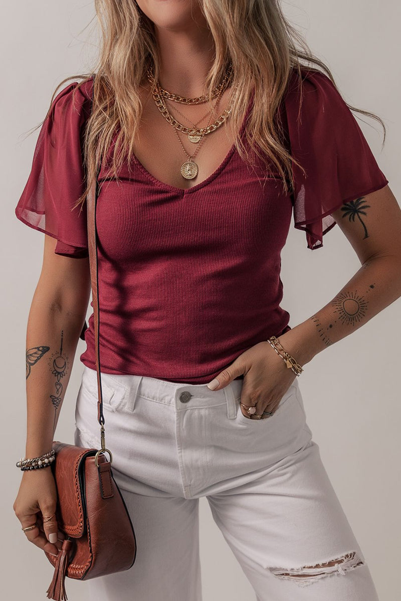 Mesh Short Sleeve Slim V-Neck Top Burgundy