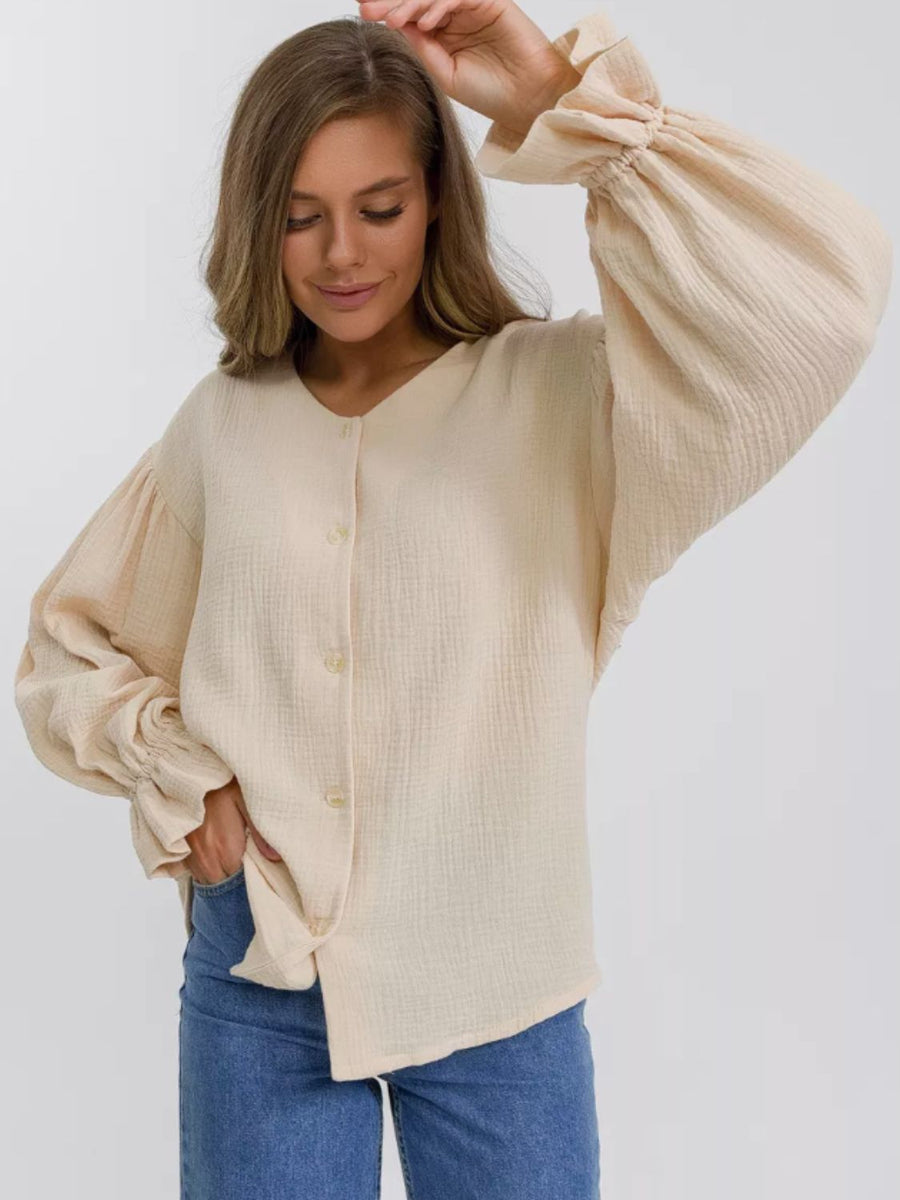 Button Up Flounce Sleeve Shirt Tan