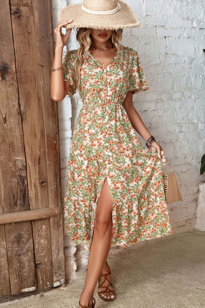 Floral V-Neck Front Slit Dress