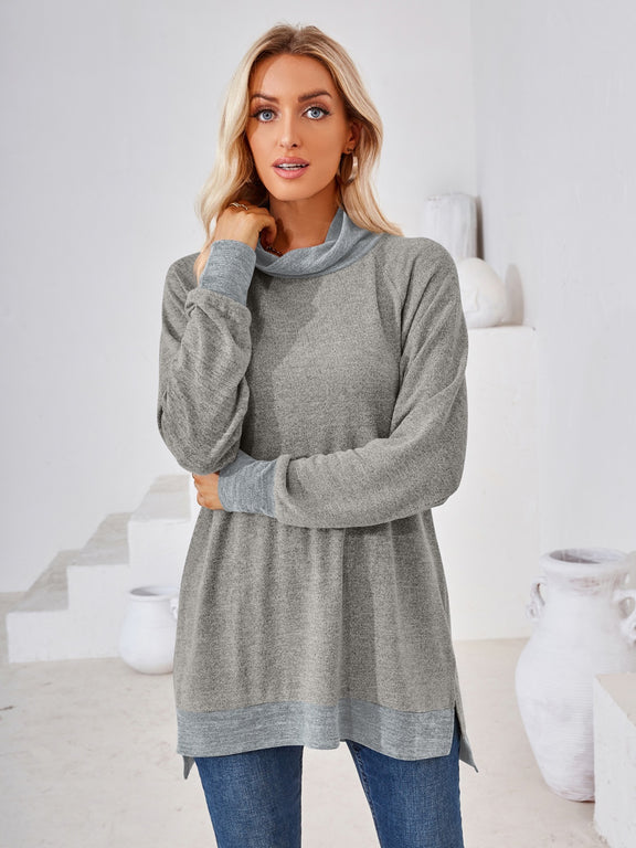 Contrast Mock Neck Long Sleeve T-Shirt Light Gray