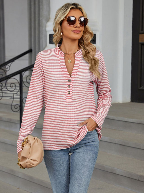 Striped Notched Long Sleeve T-Shirt Burnt Coral