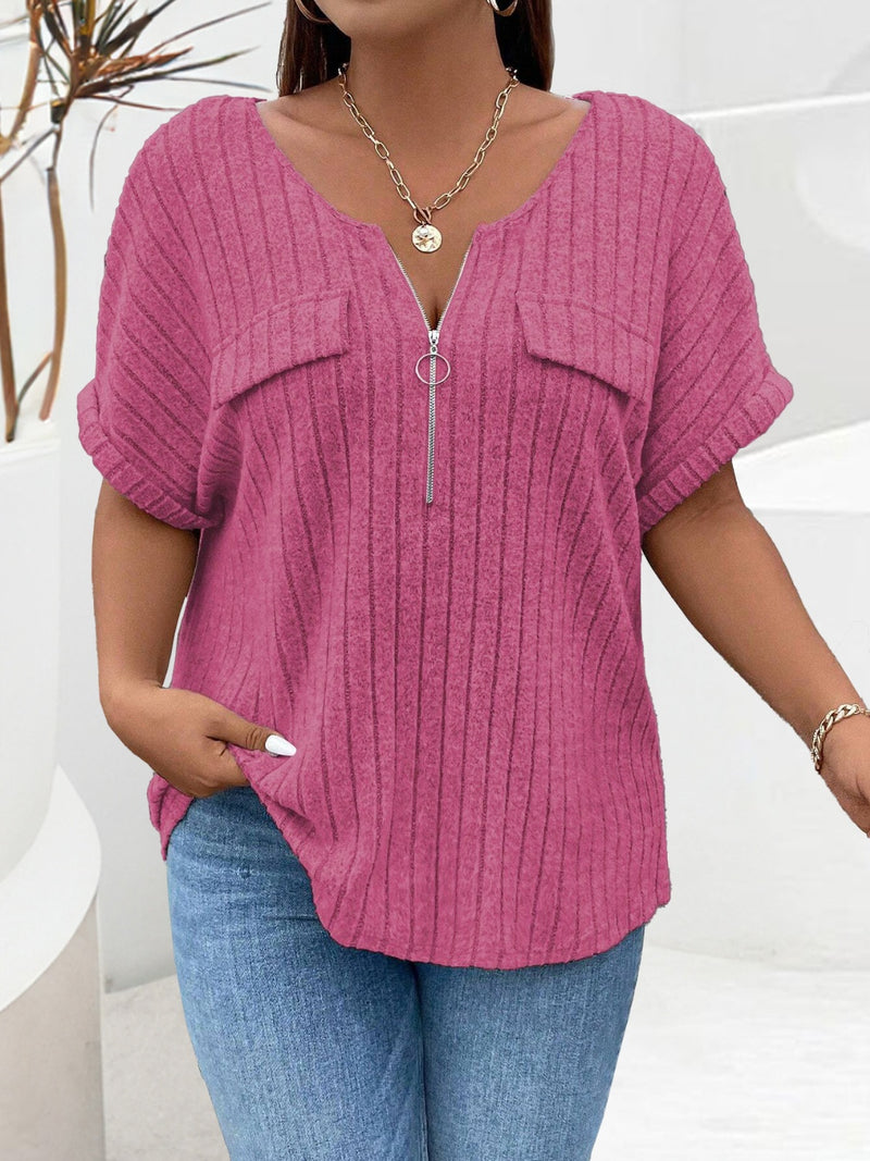 Plus Size Half Zip Short Sleeve T-Shirt Cerise