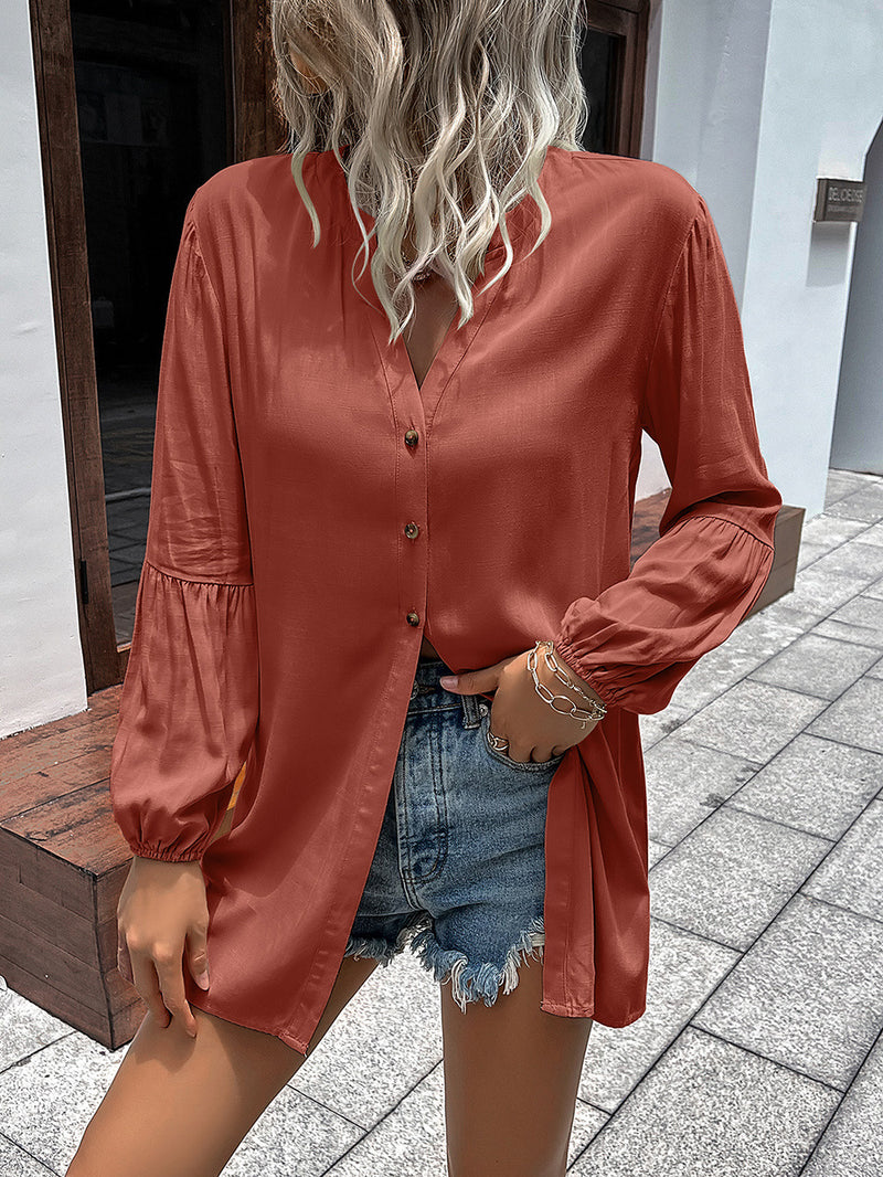 Ivy Lane Notched Neck Balloon Sleeve Shirt Rust