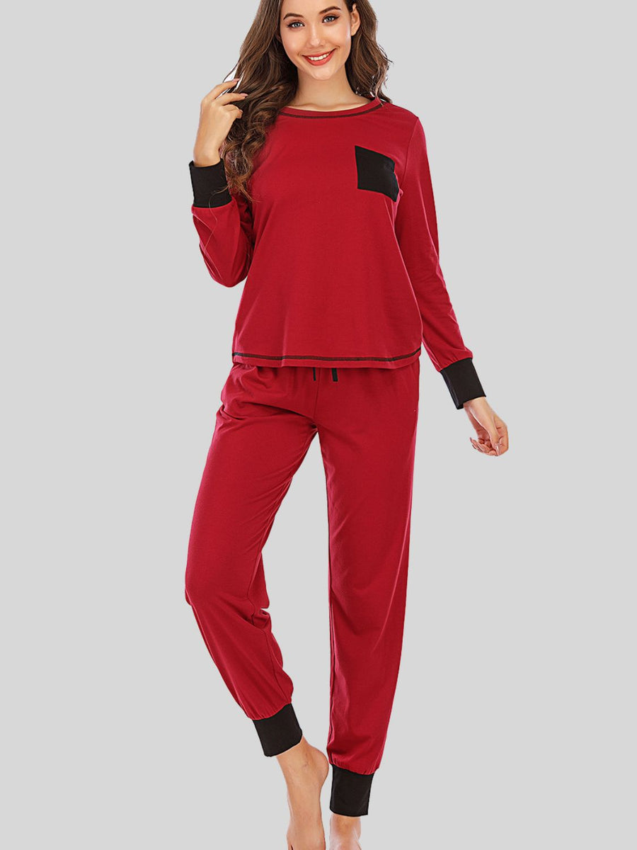 Round Neck Top and Pants Lounge Set Wine
