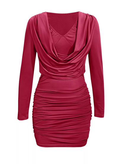 Draped V-Neck Long Sleeve Bodycon Mini Dress Burgundy
