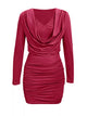 Draped V-Neck Long Sleeve Bodycon Mini Dress Burgundy