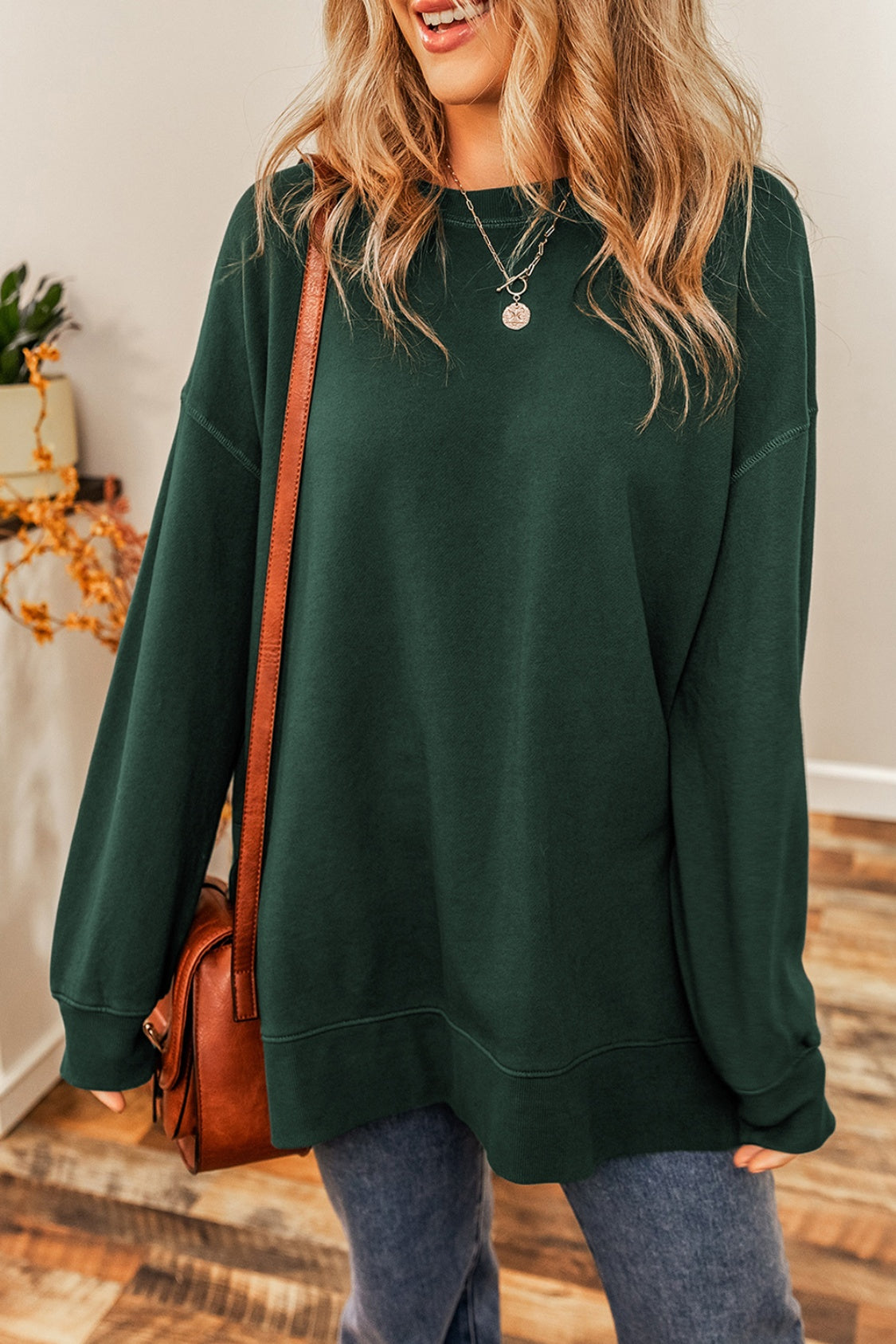 Round Neck Drop Shoulder Slit Sweatshirt Dark Green