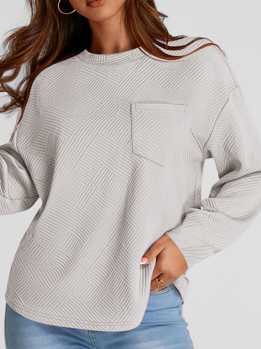 Full Size Texture Round Neck Long Sleeve Sweatshirt Light Gray