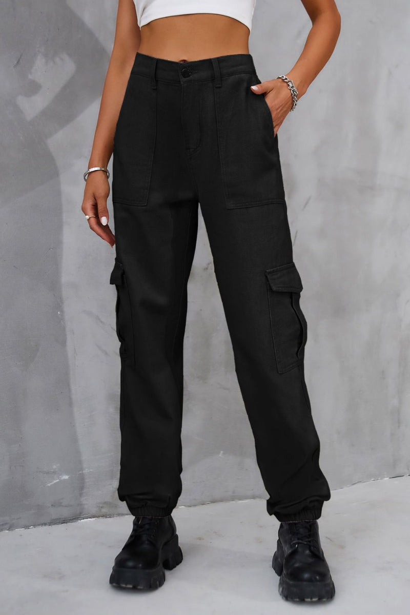 Buttoned High Waist Jeans with Pockets Black