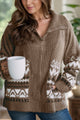 Zip Up Long Sleeve Geometric Cardigan Taupe