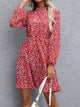 Floral Mock Neck Long Sleeve Dress Deep Red