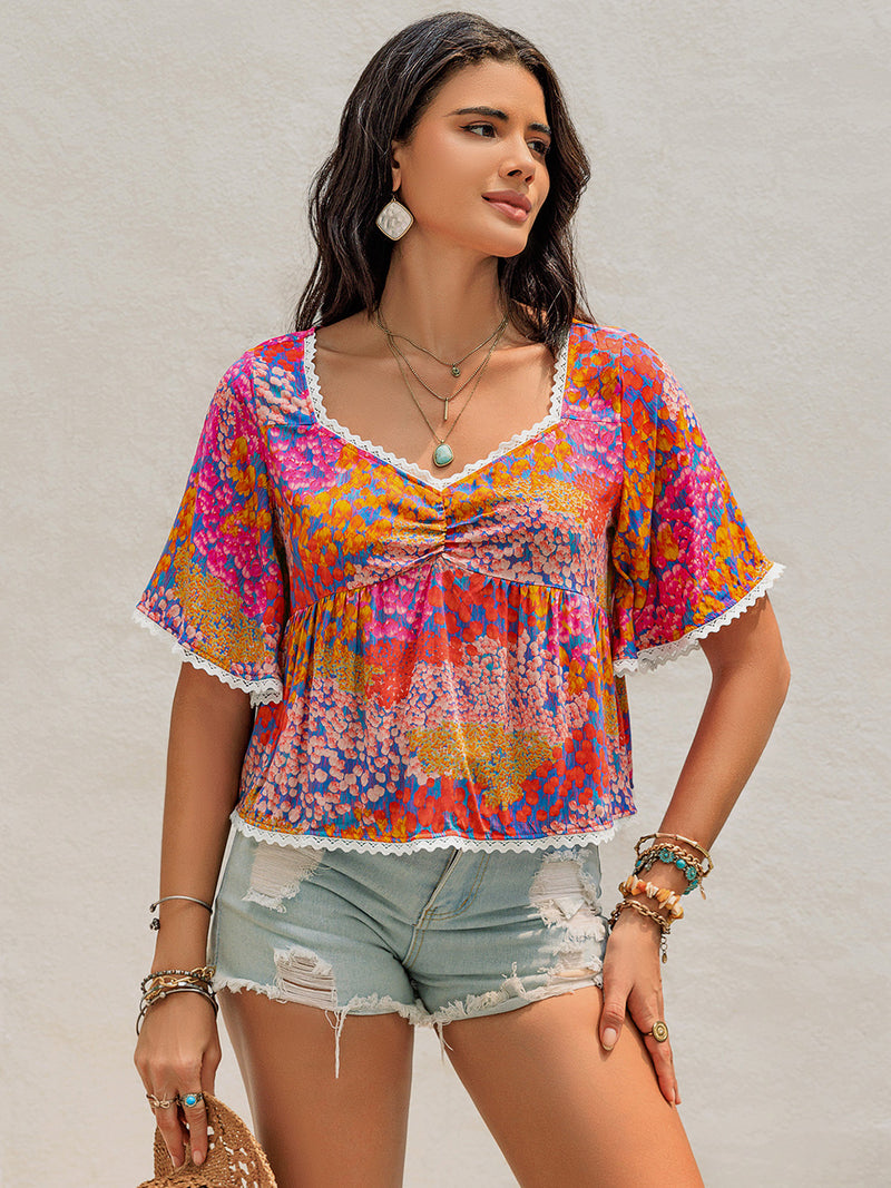 Ruched Printed Half Sleeve Blouse