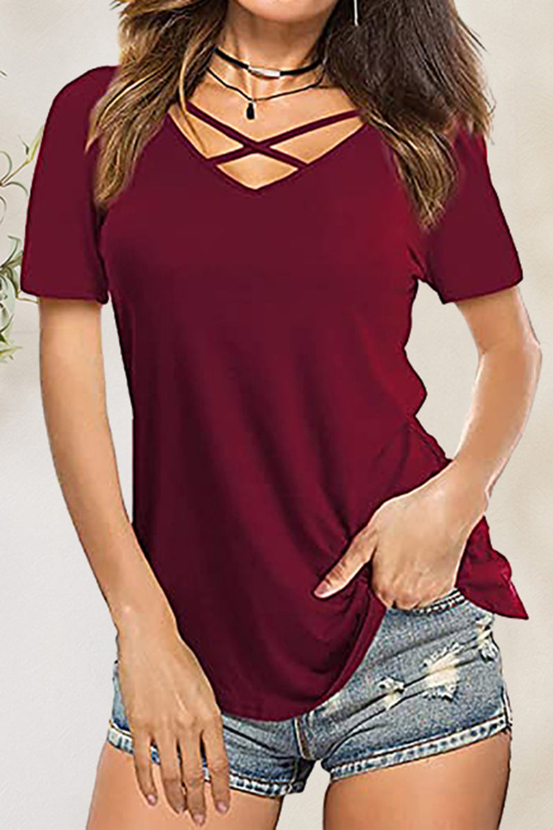 Crisscross Short Sleeve T-Shirt Burgundy