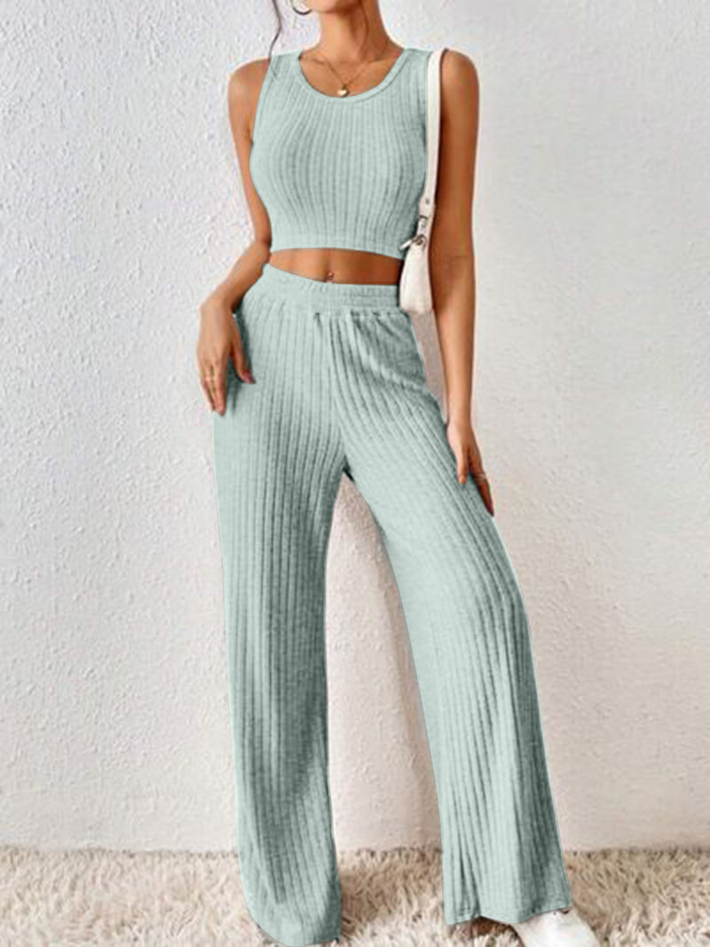 Ribbed Round Neck Tank and Pants Sweater Set