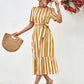 Striped Tie Belt Round Neck Puff Sleeve Dress